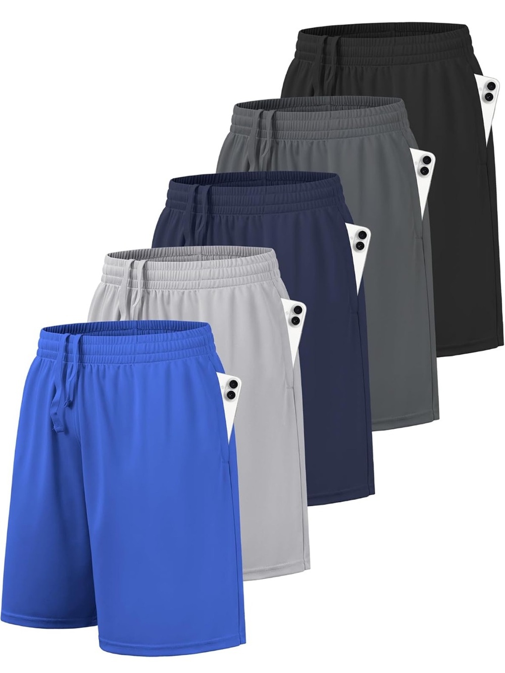 5 Boy’s Performance Athletic Shorts: Black, DarkGray, Navy, LightGray, RoyalBlue